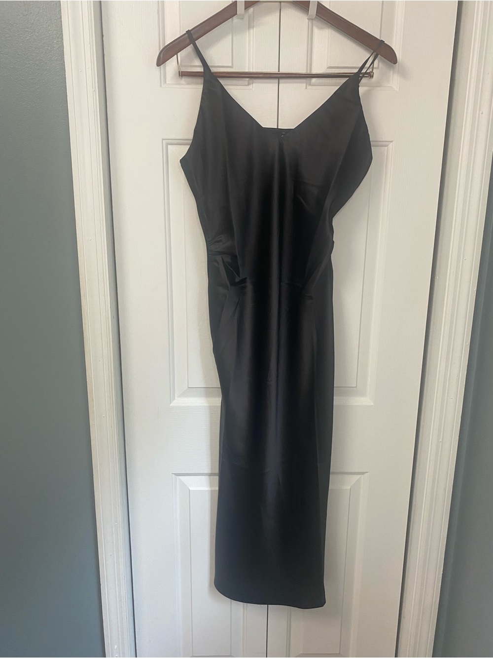 Black Satin Midi Slip Dress with Spaghetti Straps